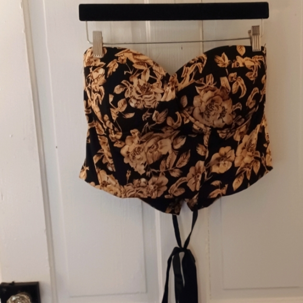 SHEIN Bustier Floral Top Midrif BrownTan Lace-up Back Resort  Plus Sz XXXXL